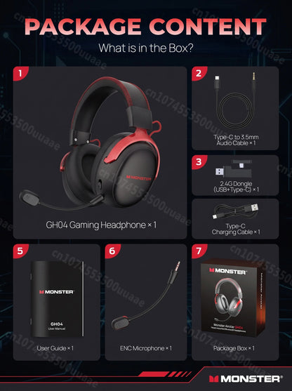 Monster GH04 Wireless Gaming Headphone 2.4G/Bluetooth 6.0 4-Mode 7.1 Surround Sound Esports Gaming Headset with Detachable Mic