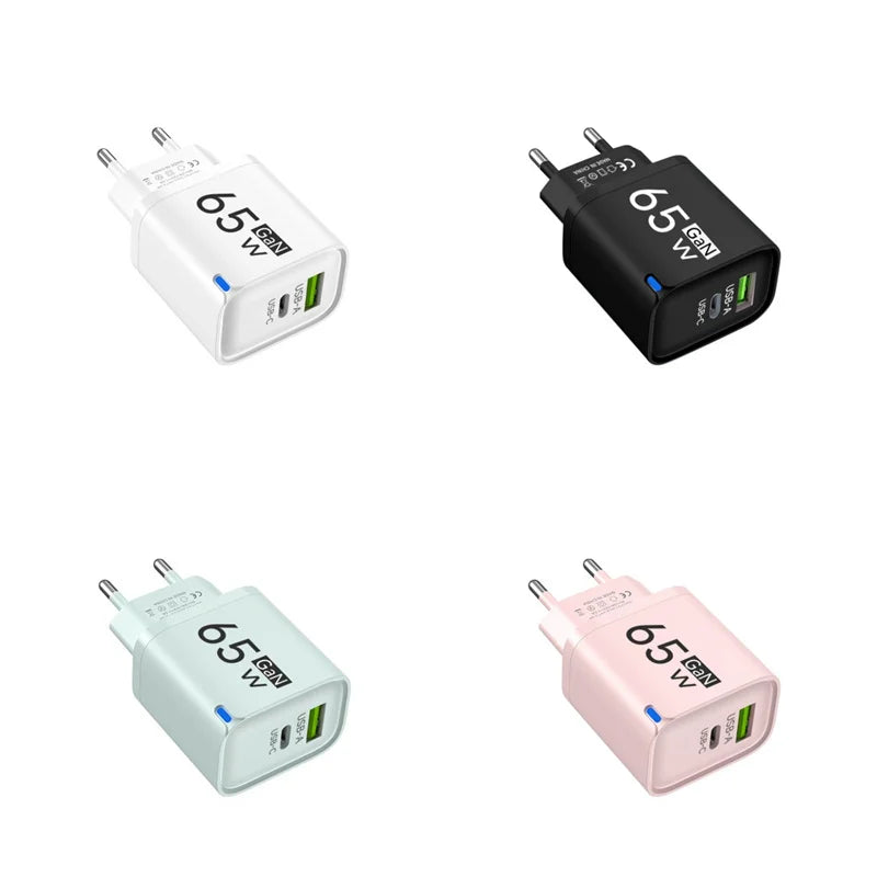 65W USB-C Fast Charger PD Type-C Dual Ports Mobile Phones Charging Adapter EU US UK Plug For iPhone Samsung Xiaomi