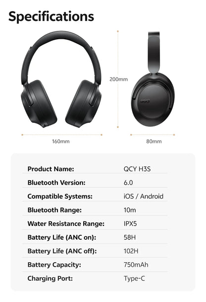 QCY Wireless Bluetooth 6.0 BH25H3SA Headphone 3D Spatial Audio Earphone -56dB Adaptive ANC 53mm Driver Foldable Over Ear Headset