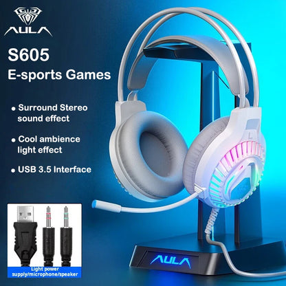 AULA S605 Wired Gaming Headset 50mm Driver Dual 3.5mm+USB RGB Bass for PC/Laptop/PS4/Over-Ear Headphones