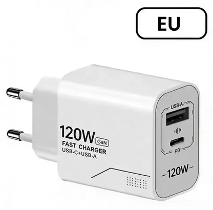 USB 120W Charger 2-Port GaN Type C Charger USB-C Fast Charging Wall Adapter US/EU Plug Phone Charger Compatible With Phone