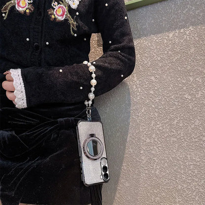 Bling Glitter Lipstick Mirror Stand Phone Case For Vivo Y31 5G Y21D With Pearl Chain Girls Women's Anti-drop Shockproof Cover