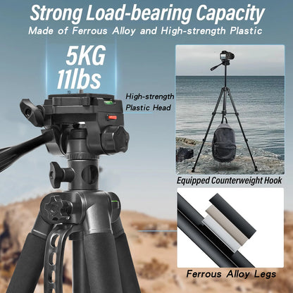 63''/160cm Video Tripod Monopod, 3 Way Pan Tilt Head, Overhead Camera Mount, Horizontal Central Axis, Phone Holder Compatible wi