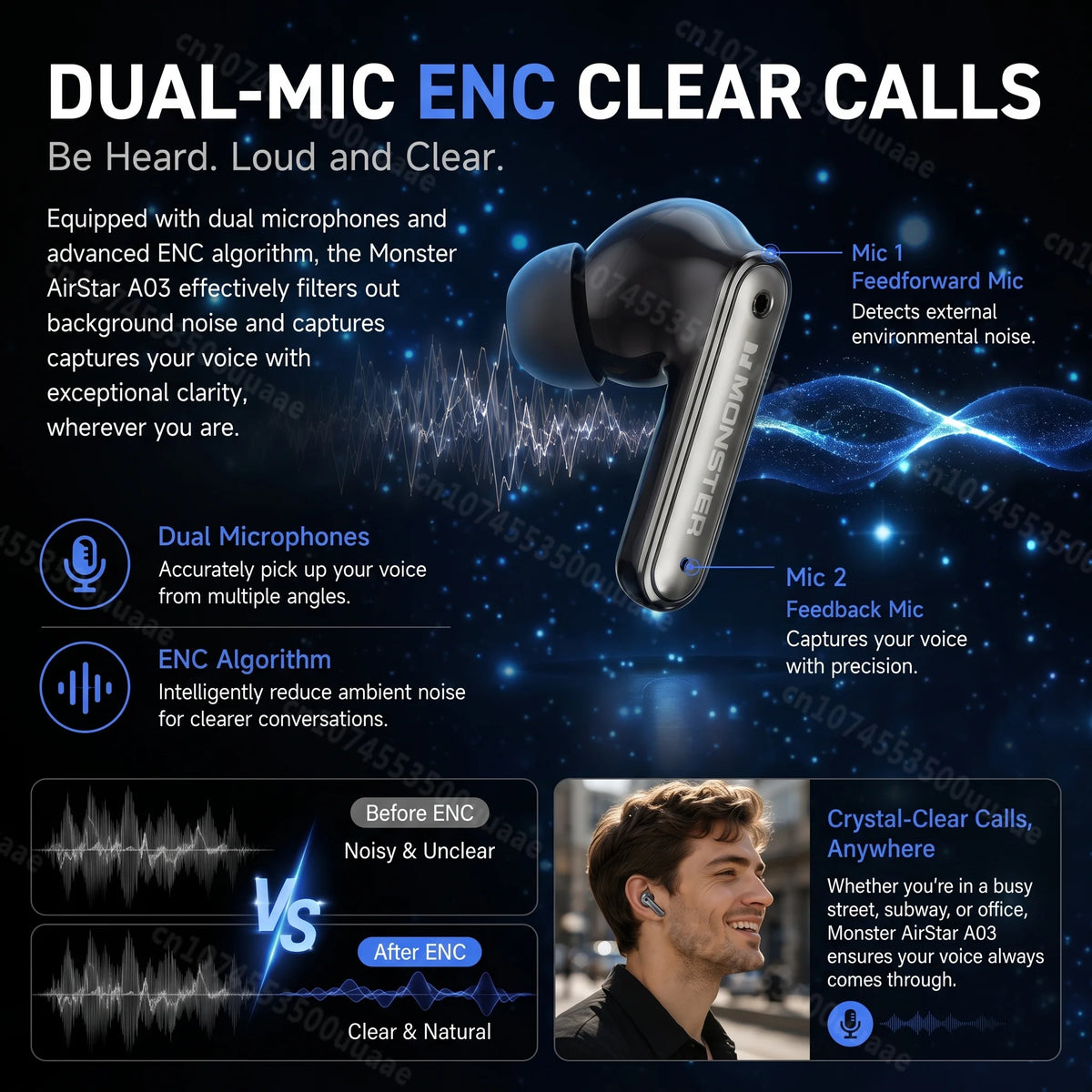 Monster Airstar A03 ANC Bluetooth 6.0 Earbuds Punchy Deep Bass Sports Headphones Active Noise Cancellation TWS Wireless Earphone
