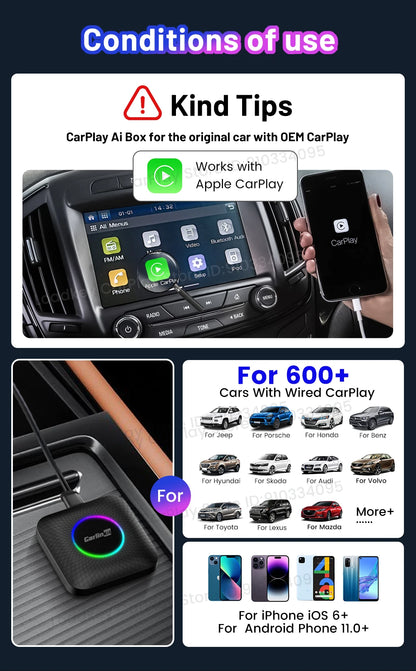 Carlinkit Ai Box Android 13 Led Wireless Android Auto & CarPlay Smart Tv Box QCM6225 Support Youtube Netflix Car Accessories