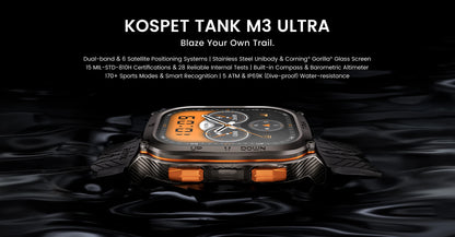 KOSPET TANK M3 Ultra GPS Smart Watch Men Military Grade Compass Altimeter Barometric 480mAh 60Day Battery IP69K 5ATM Waterproof