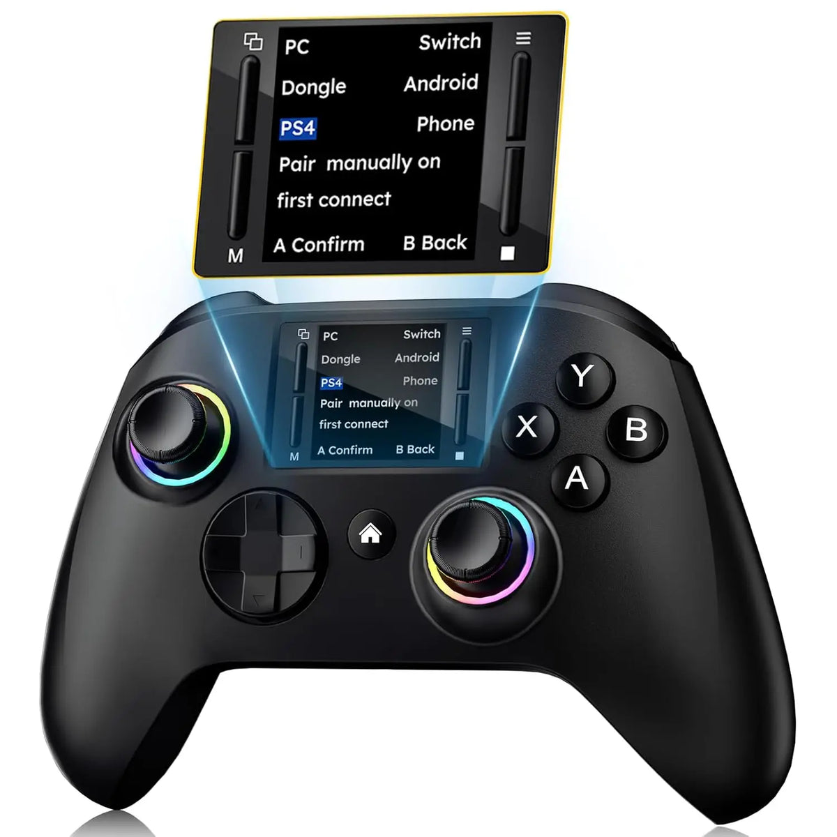 Wireless gaming controller with an interactive screen, compatible with PC, PS4, Switch, Android, and iOS devices. Features 4 programmable buttons, rapid-fire functionality, a 6-axis gyroscope, dual vibration feedback, and RGB