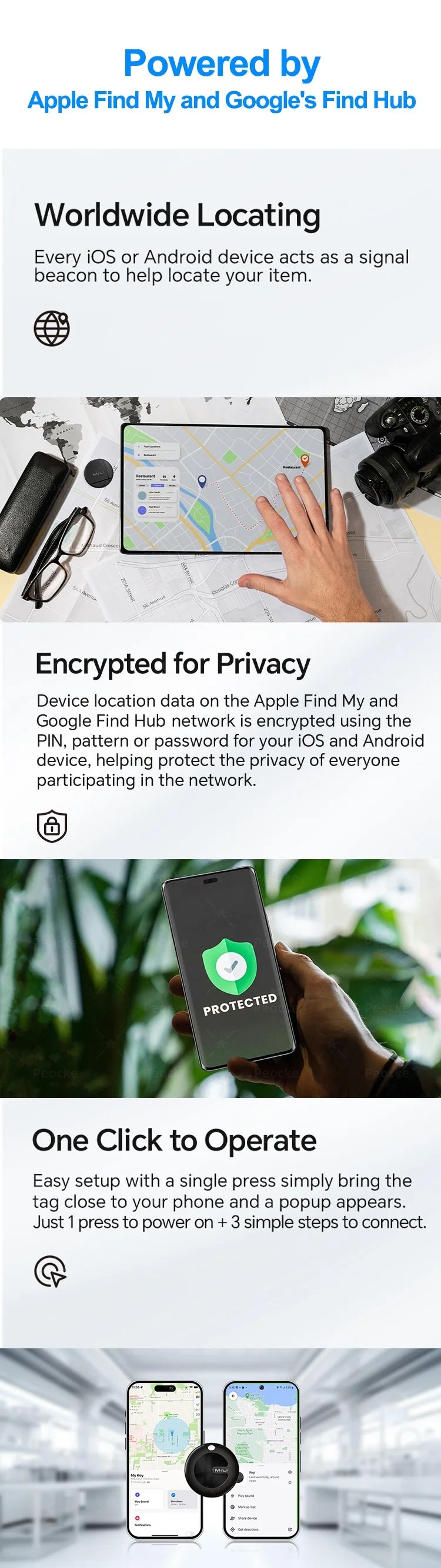Dual System MiLi MiTag Smart Location Tag Bluetooth GPS Tracker Locator Keys Finder Works With Apple Find My & Google Find Hub