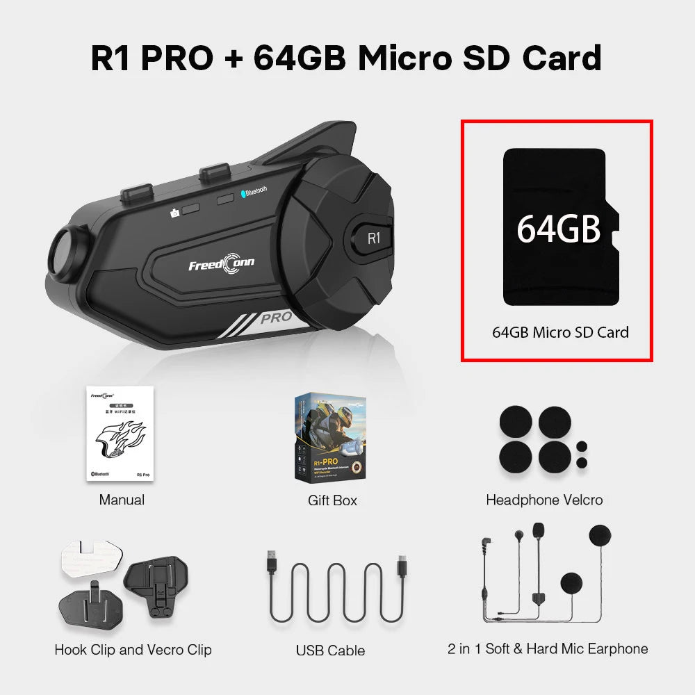 Motorcycle Intercom Helmet Bluetooth Headset Group Speaker Headphone WiFi App Freedconn R1Pro Motorbike Dash Cam Moto Auto Dvr