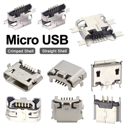 10PCS Micro USB Android Female Charging Socket, Flat Edge Crimped Type, 5Pin, 4 Mounting Pins, SMD & DIP Tail Connector