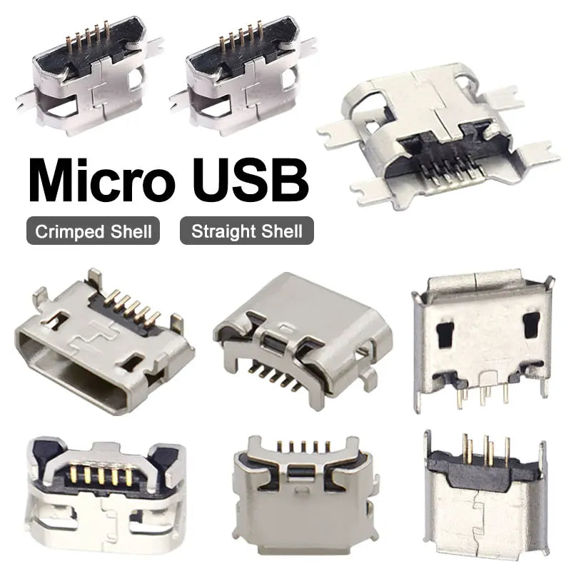 10PCS Micro USB Android Female Charging Socket, Flat Edge Crimped Type, 5Pin, 4 Mounting Pins, SMD & DIP Tail Connector
