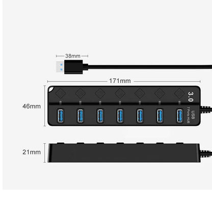 USB HUB 3.0 USB 2.0 Hub Multi USB Splitter Hub Use Power Adapter 4/7 Port Multiple Expander USB 3.0 Hub with Switch 30CM Cable
