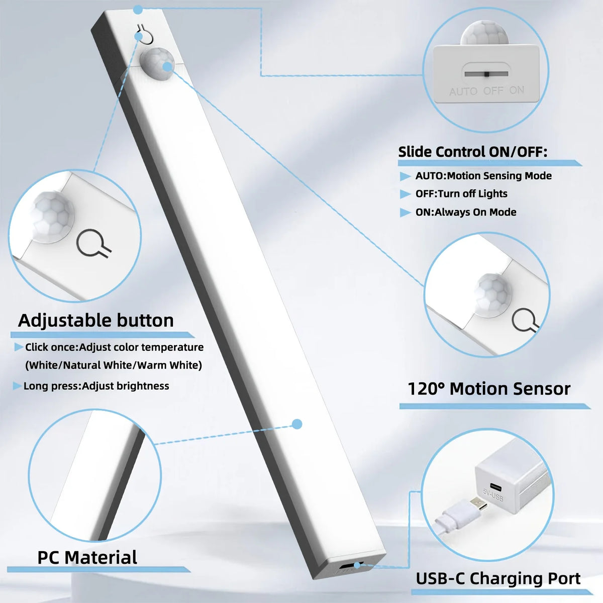 3pcs LED Motion Sensor - Dimmable Cabinet Lights, USB Rechargeable,3Color Modes,Night Light, for Bedroom,Staircase, Kitchen,Room