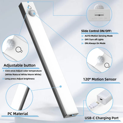 3pcs LED Motion Sensor - Dimmable Cabinet Lights, USB Rechargeable,3Color Modes,Night Light, for Bedroom,Staircase, Kitchen,Room