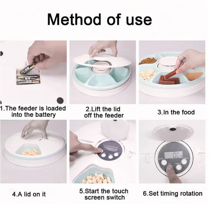 Pet Automatic Feeder Portion Control Digital Timer Detachable Dogs Cats Anti Slip 6 Meal Trays with Voice Dry Wet Food Feeding