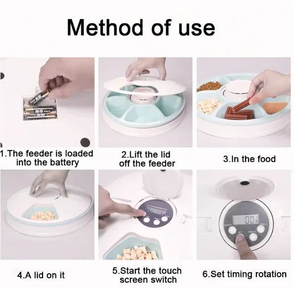 Pet Automatic Feeder Portion Control Digital Timer Detachable Dogs Cats Anti Slip 6 Meal Trays with Voice Dry Wet Food Feeding