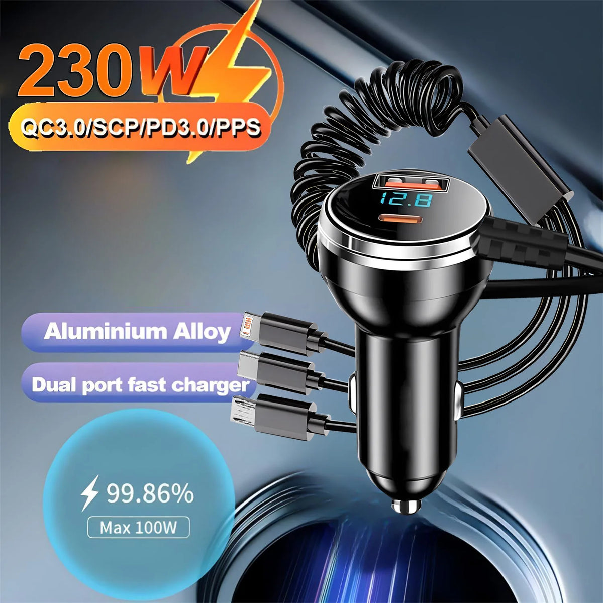 230W Car Charger PD QC 3.0 Fast Charging 3‑in‑1 Coiled Cable L-Port Type‑C Micro USB Dual Port Car Phone Charger with LED Displa