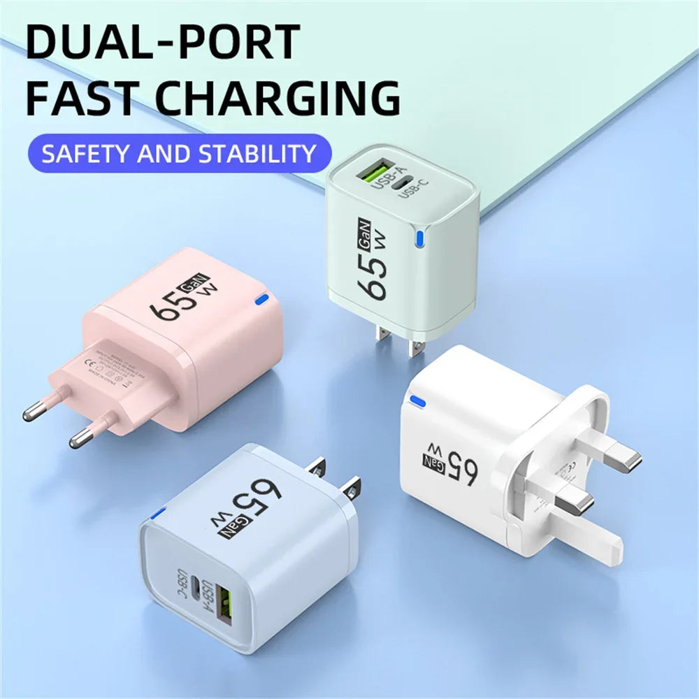 GaN 65W USB Type C Fast Charger 2 in 1 Portable Phone Wall Charger Quick Charge EU US UK Plug For iPhone Samsung Xiaomi Huawei