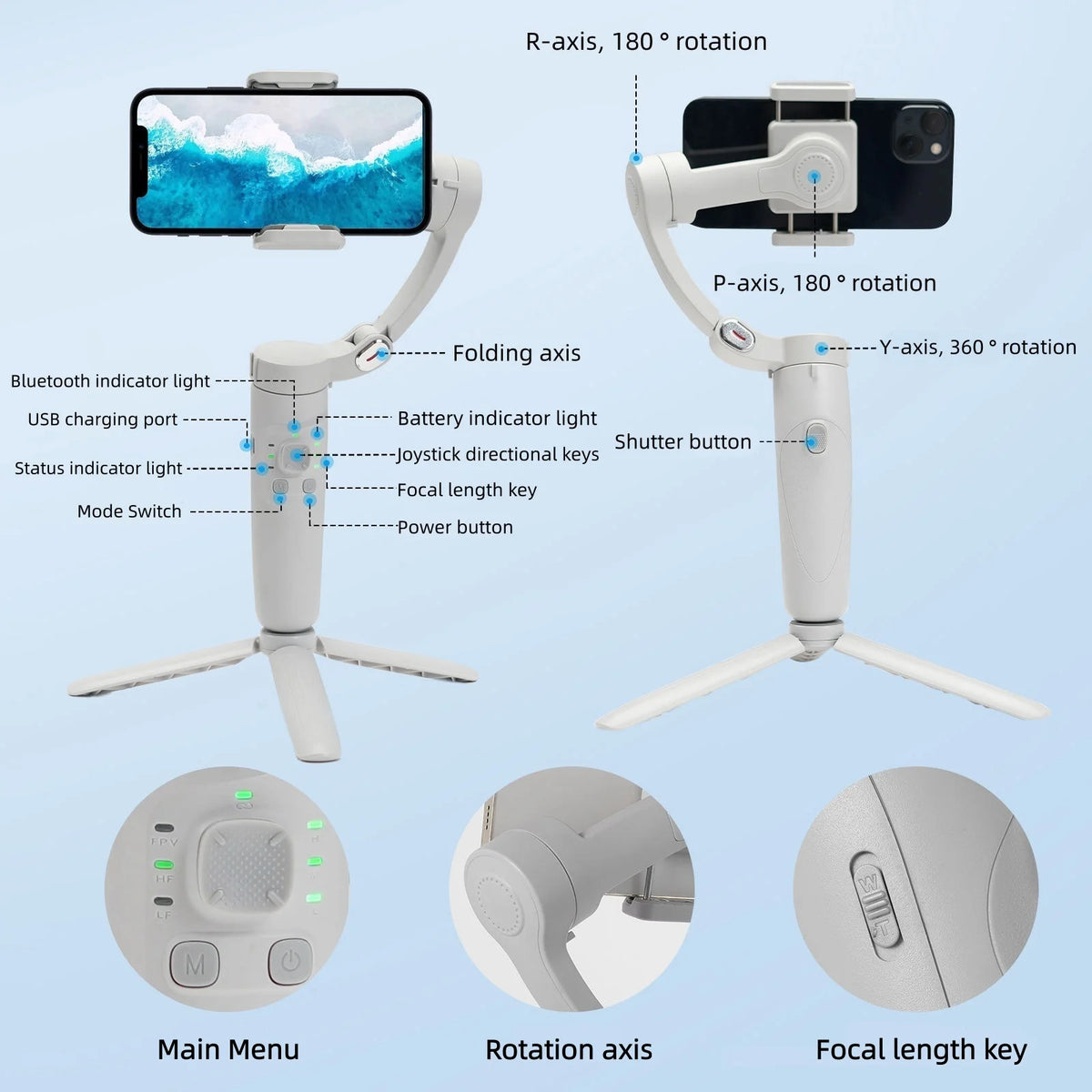 3-Axis Gimbal Handheld Self Stabilizer with Tripod Selfie Stick Vlog CellPhone Video Recorder for iPhone 17 Smartphone Mobile