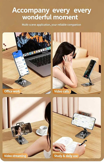 Mobile Phone Stand - Metal Desk Stand - 360° Rotating and Folding Desktop Stand for Easy Storage of Mobile Phones and Tablets