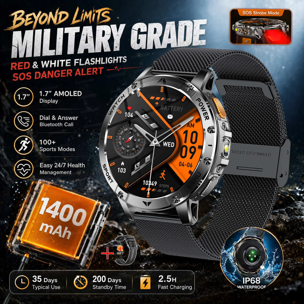 Ultra Large 1400mAh Battery Sport Smartwatch 1.7” Heart Rate Tactical Strong Flashlight 5ATM Waterproof Call Smart Watch For Men
