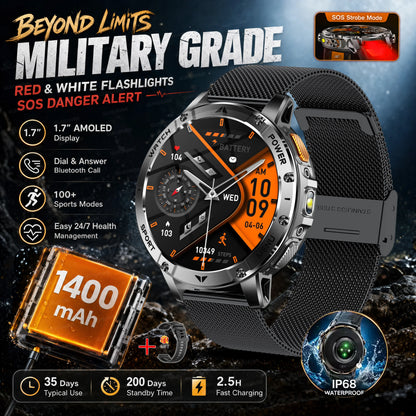 Ultra Large 1400mAh Battery Sport Smartwatch 1.7” Heart Rate Tactical Strong Flashlight 5ATM Waterproof Call Smart Watch For Men