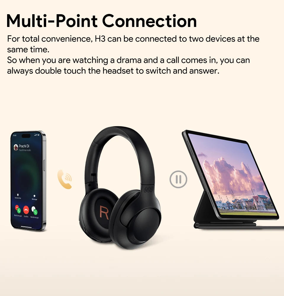 QCY H3 ANC Hi-Res Audio Wireless Bluetooth 5.4 Headphones Over Ear Headset 60Hrs 43dB Hybrid Active Noise Cancellation Earphone