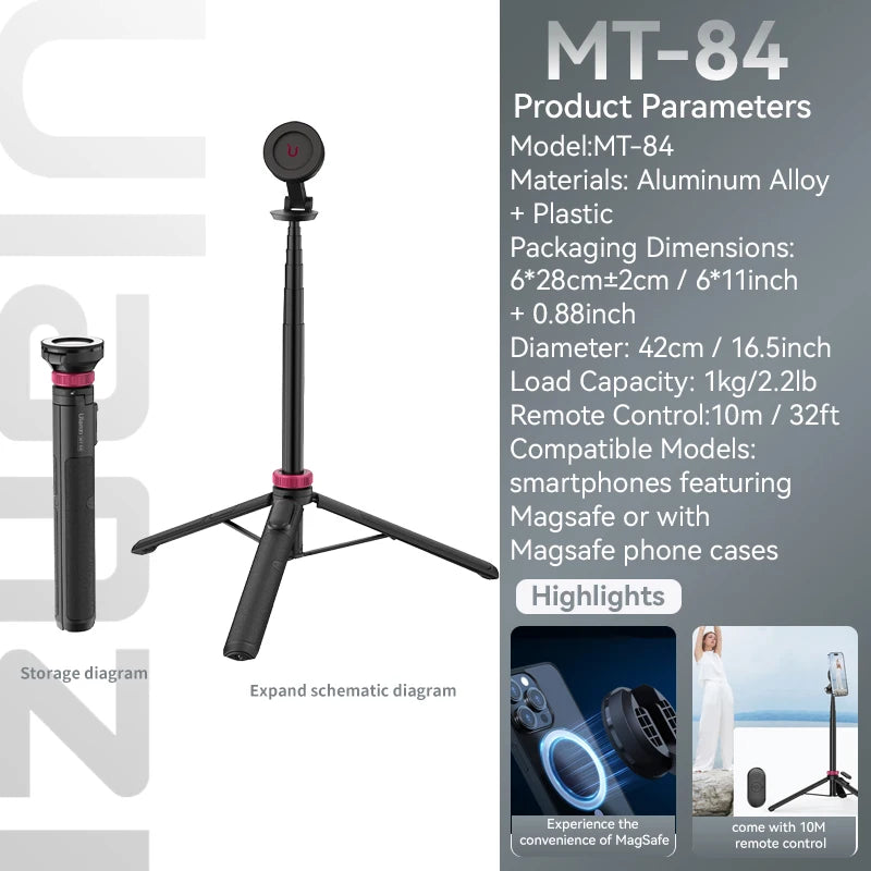 Ulanzi MT-84 Portable Bluetooth Selfie Stick Smartphone Tripod Quick Release With Wireless Bluetooth Controller For iPhone 15 14
