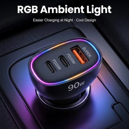 90W USB C Car Charger Fast Charging Multi Port Dual PD 30W Type C USB A 30W Adapter for Laptop Phone MacBook PPS QC3.0 RGB LED
