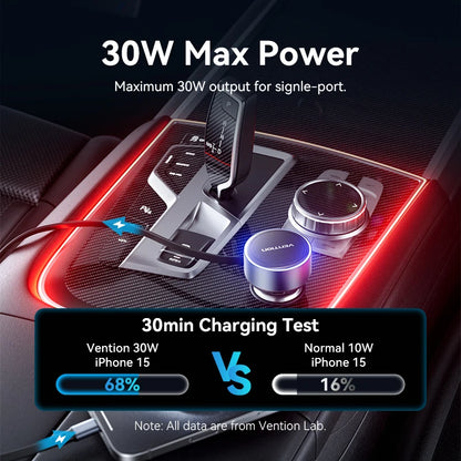 Vention 60W Retractable Car Charger 3 in 1 PD 30W QC 3.0 Fast Charging for iPhone 17 16 Samsung Tablet Cord Cigarette Adapter