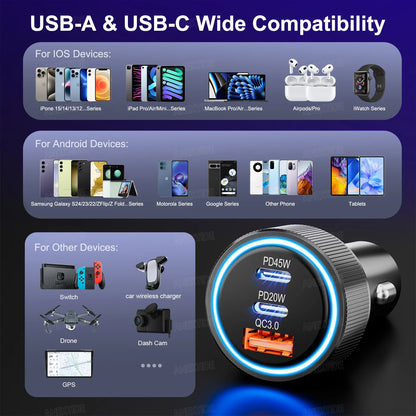 USB C Car Charger, 3-Port 67W Dual USB-C & USB-A Car Power Adapter PD/QC Fast Charging Cigarette Lighter for iPhone 16/15/14/13