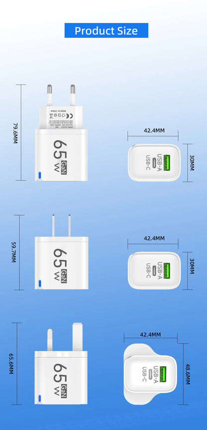 65W USB-C Fast Charger PD Type-C Dual Ports Mobile Phones Charging Adapter EU US UK Plug For iPhone Samsung Xiaomi