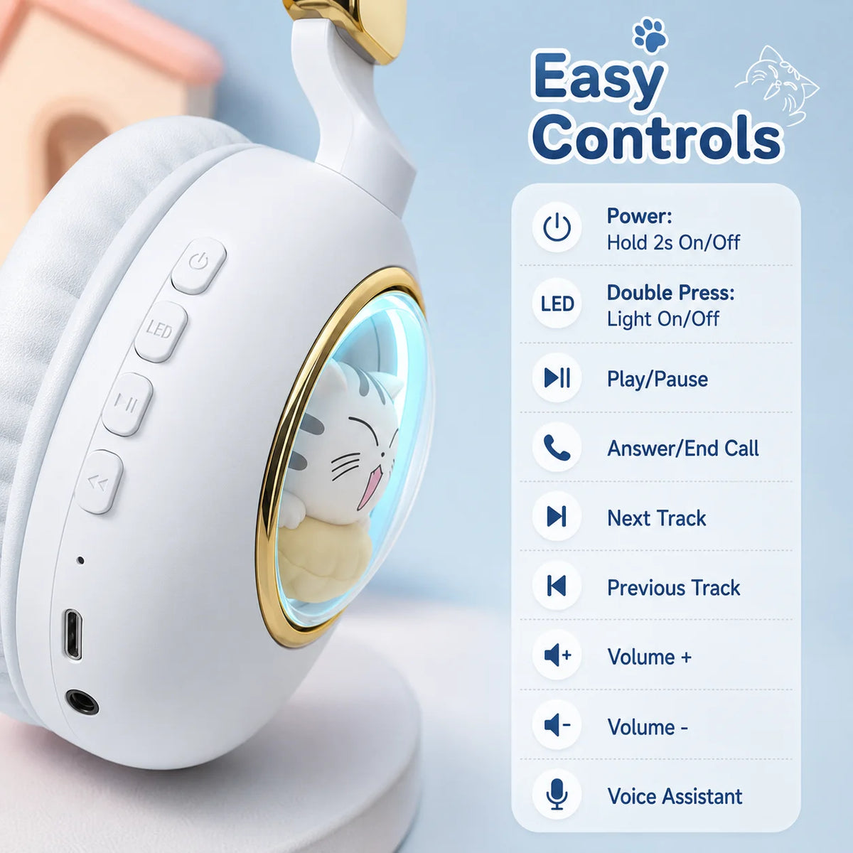 Kids Wireless Headphones with RGB light, 20H Battery Life, Transparent Capsule Cartoon Design, Bluetooth 5.3 Foldable Headset