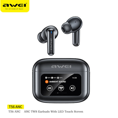 AWEI T56 ANC Wireless Bluetooth V 5.4 Earphones Noise Reduction Headphones Full-Color LED Touchscreen TWS Sport Headest With Mic