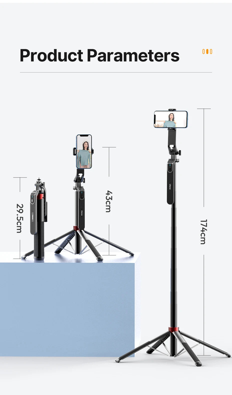 Ulanzi MA09 1.74m Selfie Stick Tripod for iPhone 17 15 Android Phone w Remote Control Panoramic Ball Head Holder U200 VL49 Kit