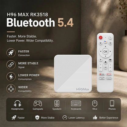 H96 MAX RK3518B Smart TV Box Android 14 4K UHD WiFi6 Bluetooth 5.4 Google Voice Remote Quad Core Media Player Set Top Box