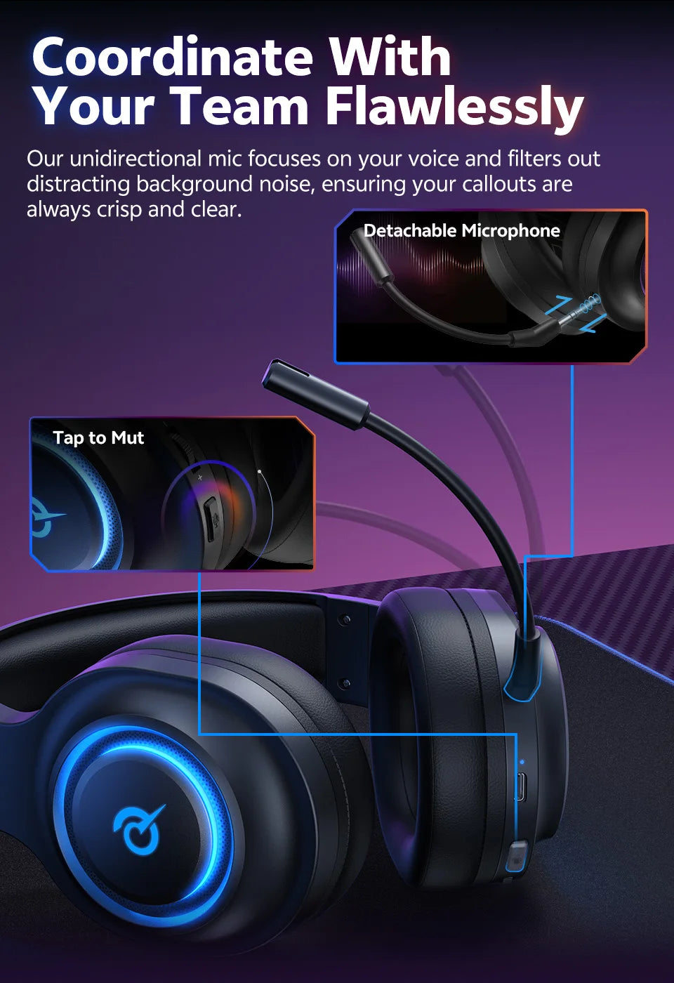 QCY Heroad V200 Gaming Over Ear Headphone Wireless Bluetooth 6.0 with Mic 50mm Driver 7.1 Surround Sound Dynamic EQ RGB Headset