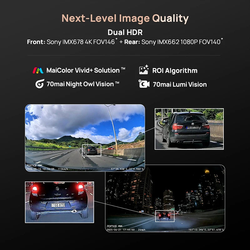 70mai A810S 4K Dash Cam IMX678 Dual HDR Supercapacitor 4G LTE Remote Control Wi-Fi 6 5GHz Voice Control GPS ADAS Car Camera