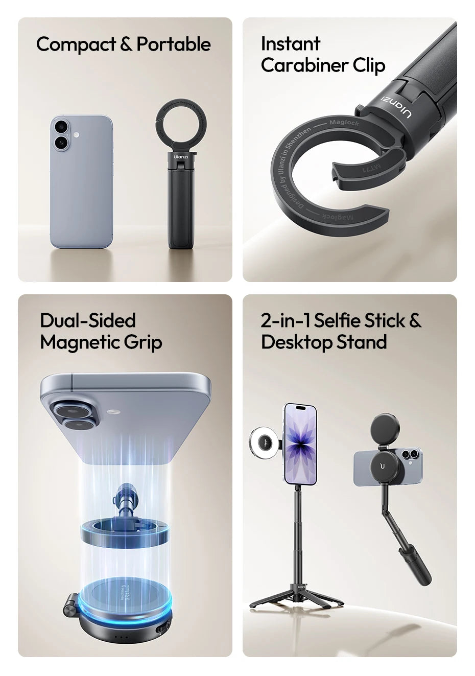 Ulanzi MT71 Magnetic Mini Selfie Stick Telescoping Pole Phone Handle Desktop Tripod for iPhone 17 16 15 14 Android for Travel