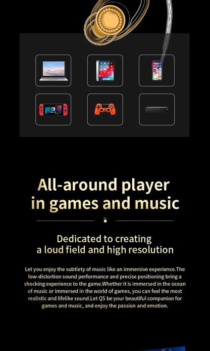 EPZ Q5 Earphones Wired HIFI Ceramic Carbon Nano Moving Coil IEM In Ear Monitor MMCX Detachable Cable Earbuds Gaming Headset