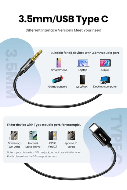 UGREEN Semi-open 3.5mm USB Type C Wired Earbuds with Microphone, Wired Earphones Headphones HiFi Stereo,For Most with 3.5mm Jack