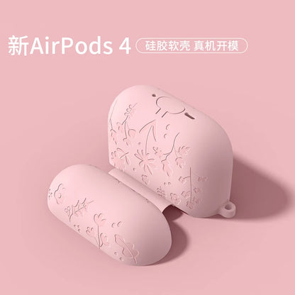 For AirPods 4th Generation Case with Cleaner Kit/Keychain Flower Engraved Silicone Shockproof Cover for 2024 AirPods 4 Case New