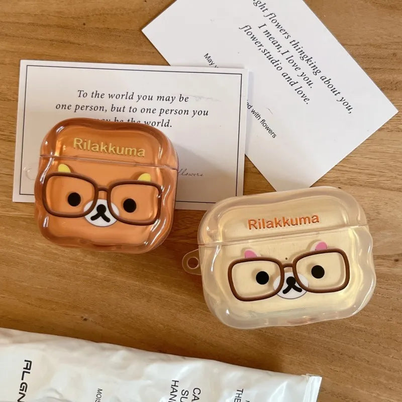 Korean Cute Rilakkuma Glasses Clear AirPods Case with Keychain for AirPods 1 2 3 4 Pro 2 Pro 3 Cute Shockproof Protective Cover