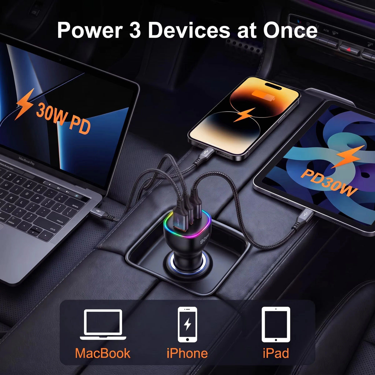 90W USB C Car Charger Fast Charging Multi Port Dual PD 30W Type C USB A 30W Adapter for Laptop Phone MacBook PPS QC3.0 RGB LED