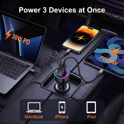 90W USB C Car Charger Fast Charging Multi Port Dual PD 30W Type C USB A 30W Adapter for Laptop Phone MacBook PPS QC3.0 RGB LED