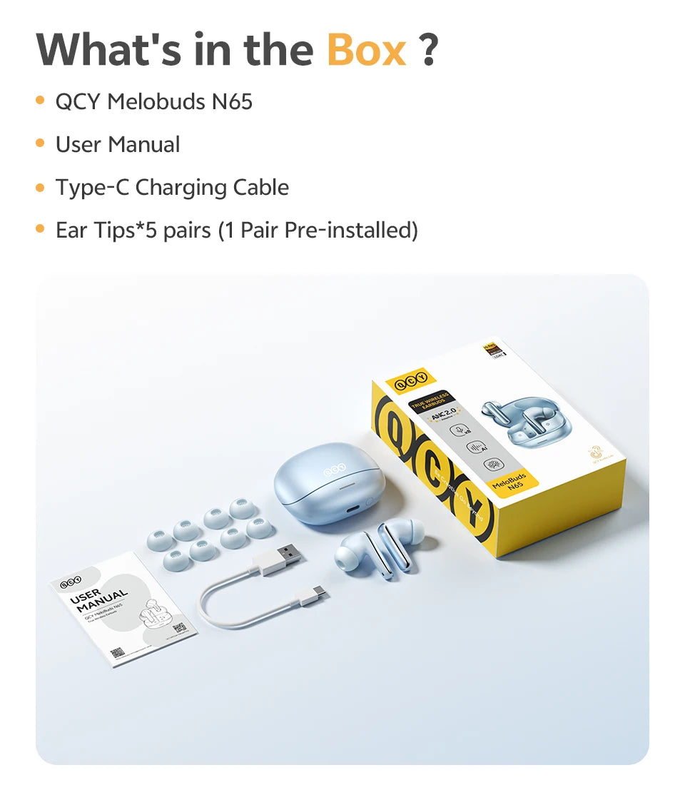 QCY HT21 Wireless Earphones Melobuds N65 -60dB AI Adaptive ANC Earbuds Bluetooth 6.0 LDAC Hi-Res Audio 8 Mics 50Hrs Headset