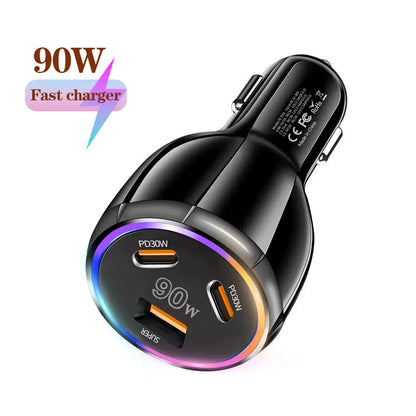 90W 3 Port Car Charger Super Fast Charger QC3.0 PD30W PPS High-Power Cigarette Lighter Fast Charger for iPhone/Huawei/Samsung