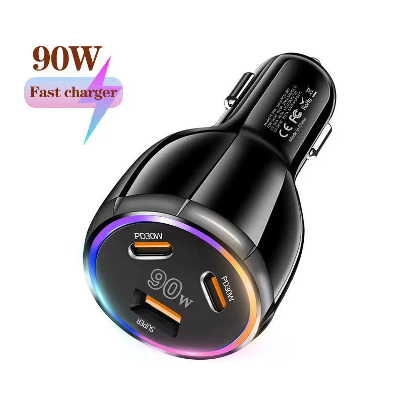 90W 3 Port Car Charger Super Fast Charger QC3.0 PD30W PPS High-Power Cigarette Lighter Fast Charger for iPhone/Huawei/Samsung