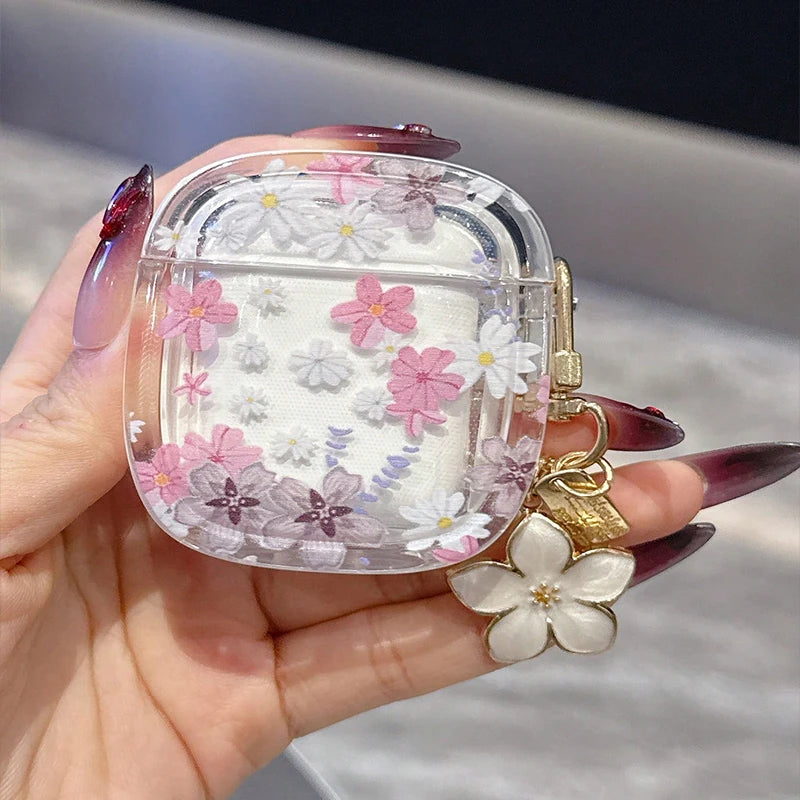 Pink Flowers Pattern Wireless Bluetooth Case for AirPods 4 3 1/2 AirPod Pro and Pro2 Case TPU  Headset Protective Cover with Hoo