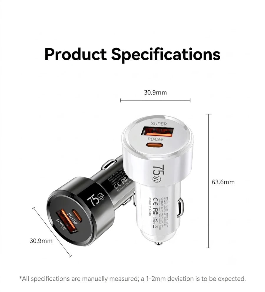 Dual Port 75W Vehicle Charger PD 45W QC 30W Fast Charging Auto Adapter Intelligent Chip Multiple Protections For Cars For iPhone